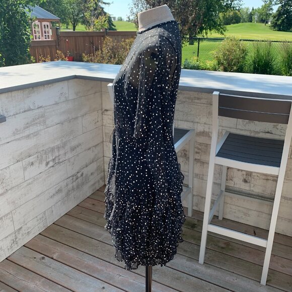 Vintage 80s 90s Sheer Polka Dot Overlay Tiered Ruffle Skirt Dolman Sleeve Dress - Picture 5 of 16